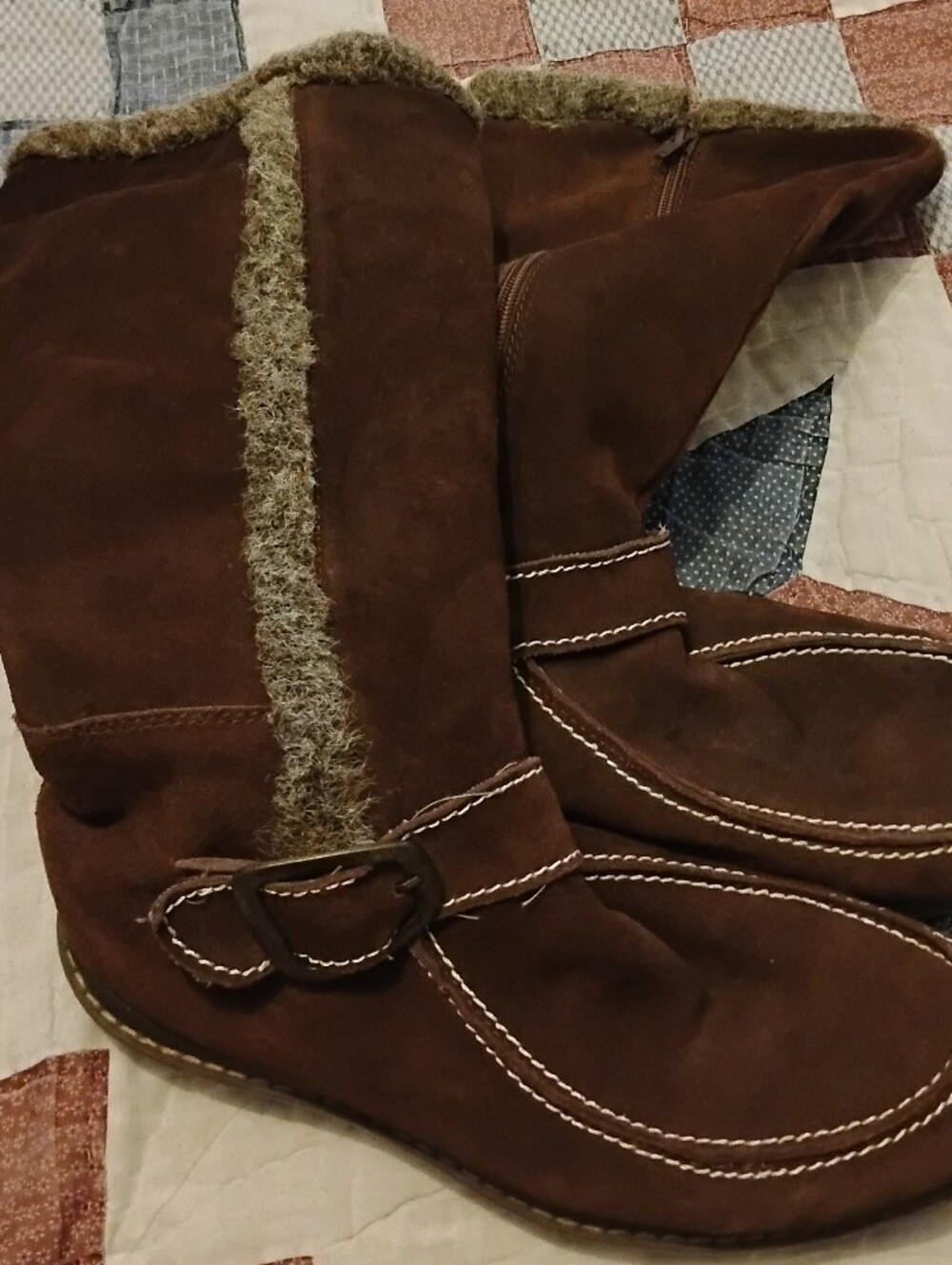 Brown Suede Faux Fur Zipup Trim Mid-Calf Boots